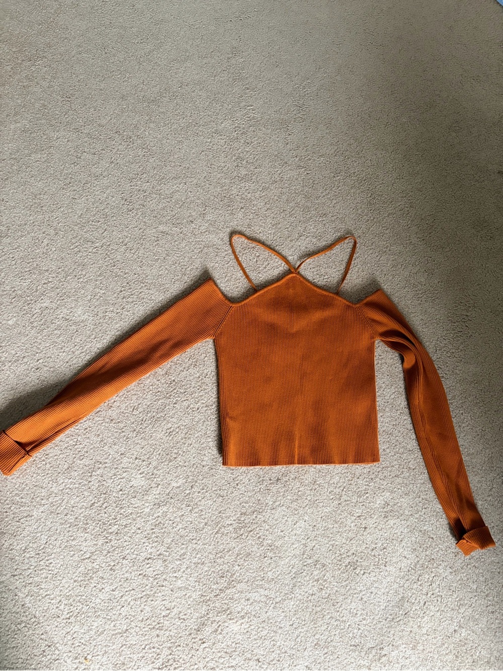 Zara Orange Ribbed Cold-Shoulder Crop Top